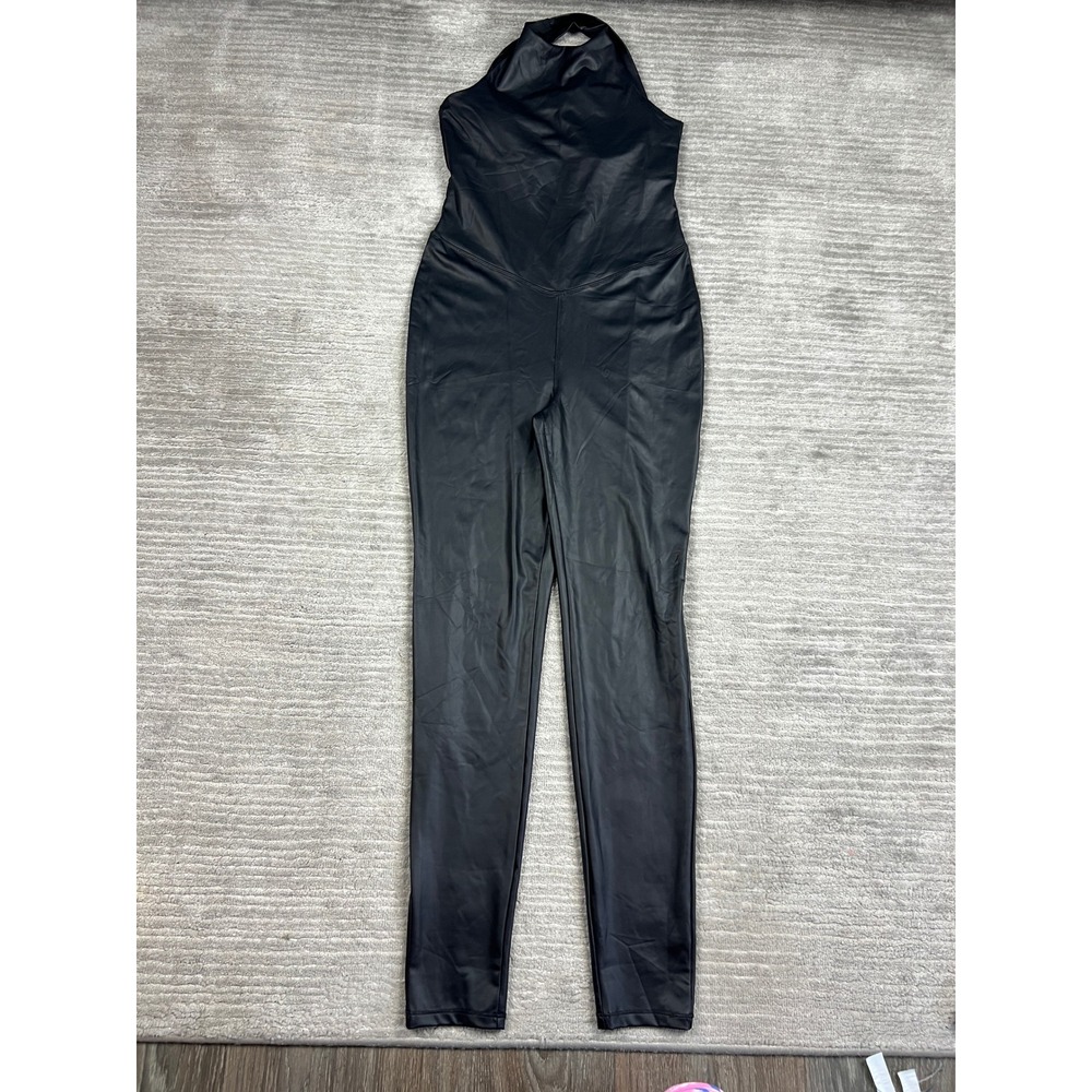 Unbranded Jumpsuit Women S Black Faux Leather Halter Neck Tapered Leg Edgy Sleek